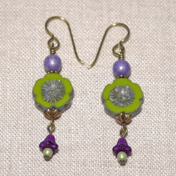Hand Crafted Handmade Earrings Green & Purple Czech Glass Long Flower Earrings - Picture 1 of 5